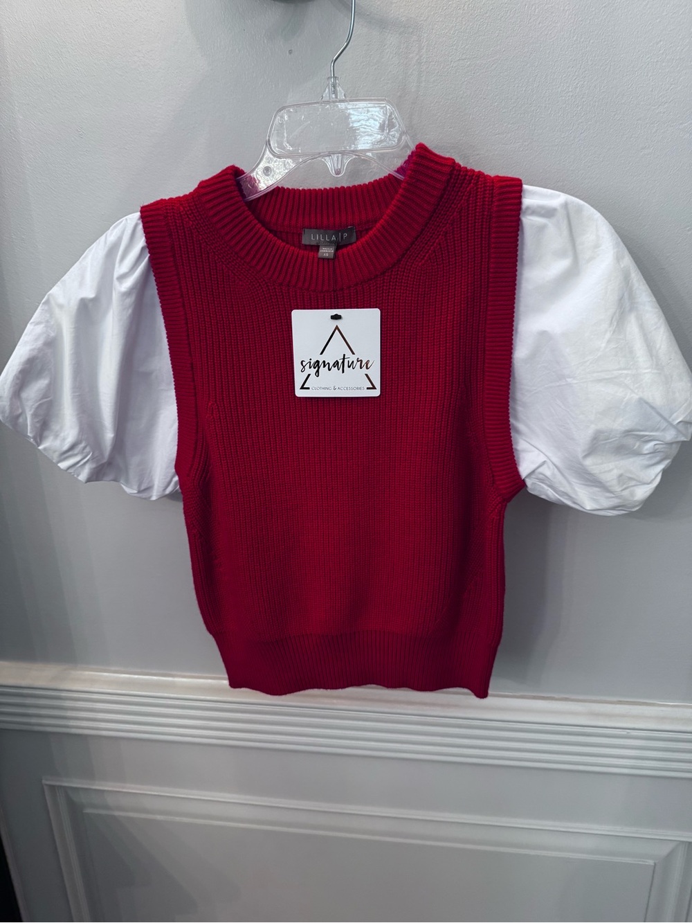 Lilla P Bright Red Knit Layered Top with White Poplin